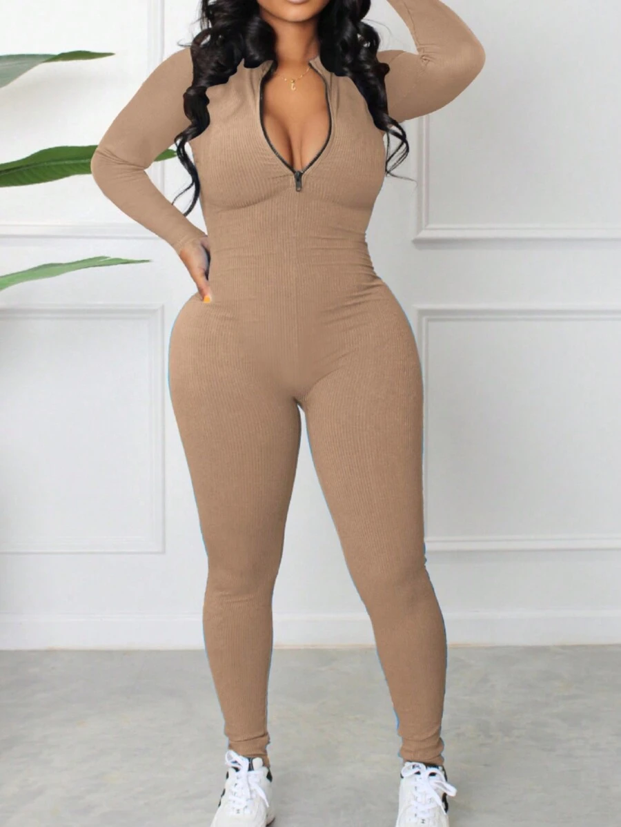 Zip-Up Turtleneck Long Sleeve Bodysuit - Khaki - View 1