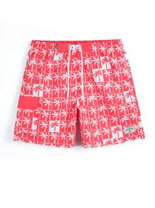 Surfspeed Men's Palm Tree Print Drawstring Waist Beach Shorts - Red - View 1