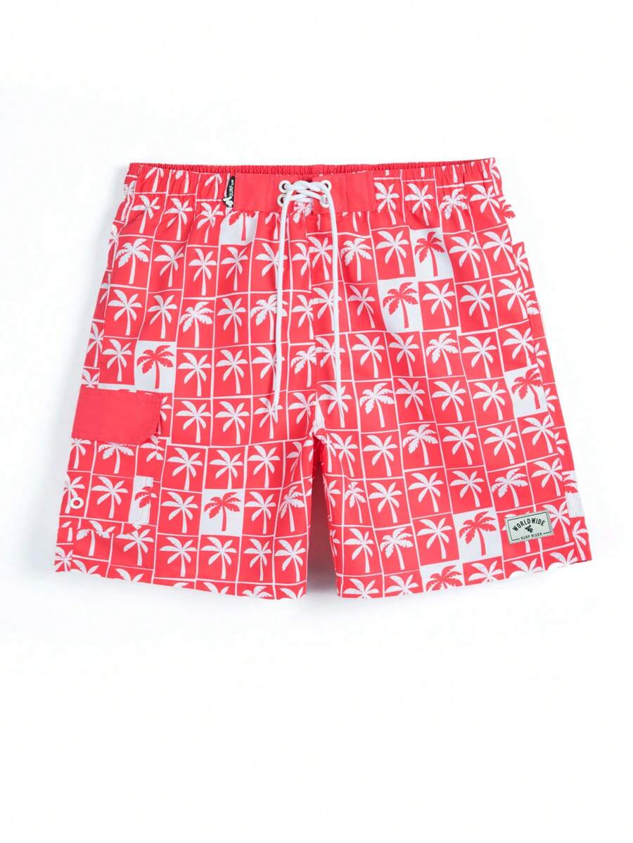 Surfspeed Men's Palm Tree Print Drawstring Waist Beach Shorts - Red - View 1
