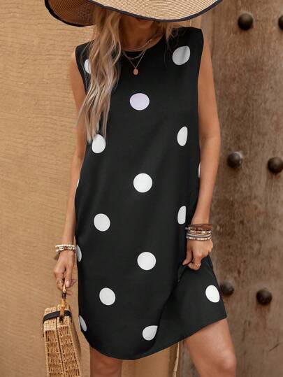 SHEIN LUNE 波点休闲H型背心裙，女士通勤风格