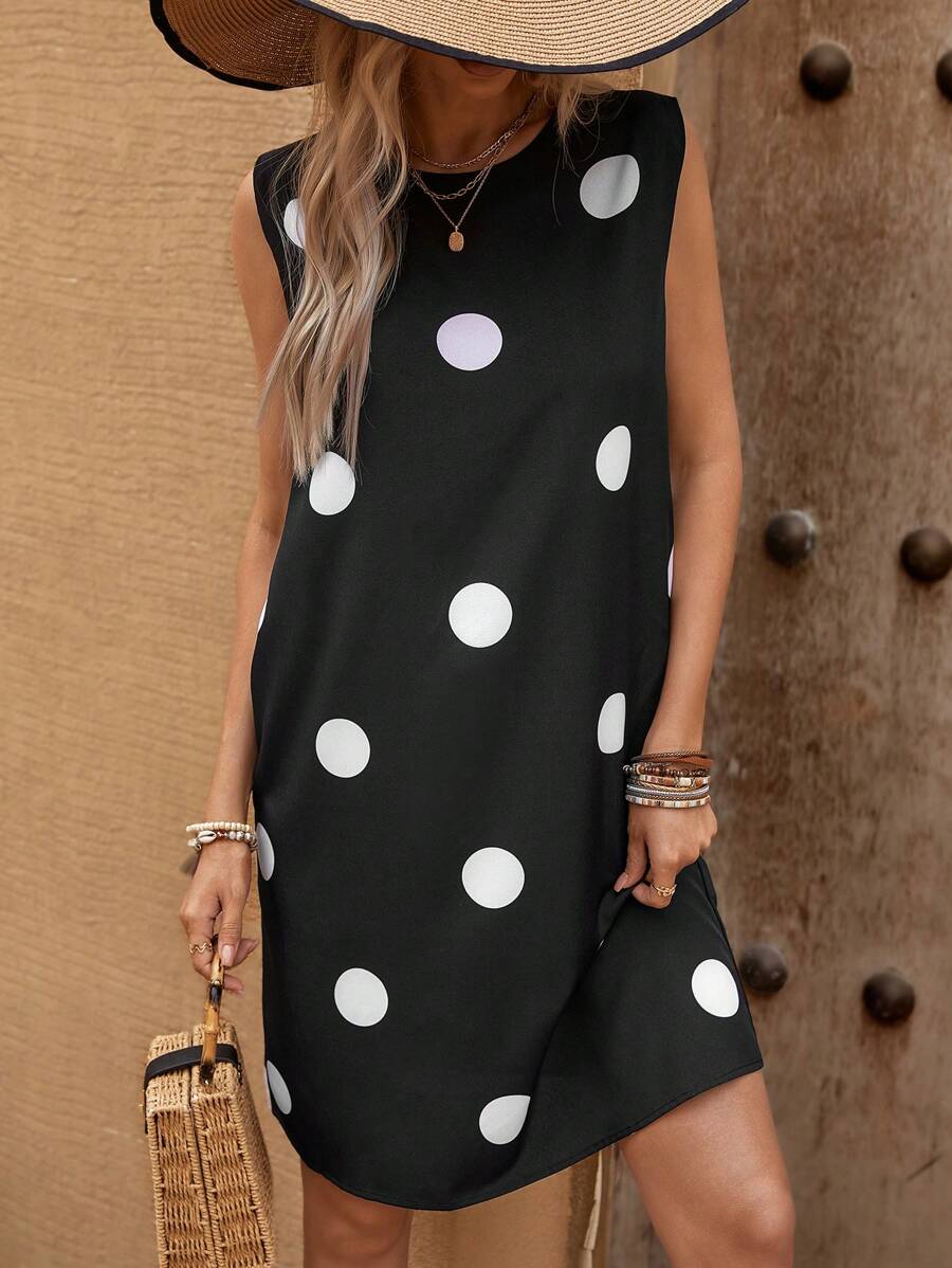 SHEIN LUNE Polka Dot Casual H-Type Tank Dress, Commuting Style For Women