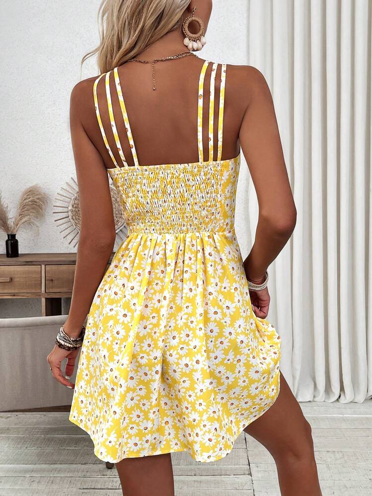 SHEIN Holidaya Women's Yellow Floral Print Cami Dress Vacation Beach Outfit - Yellow - View 2