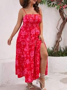 SHEIN VCAY 大尺碼女裝花卉印花細肩長裙,腰部收攏,褶邊裝飾,適合夏季 - 彩色 - 查看 1