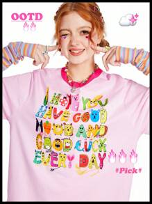 SHEINNeu 儿童风卡通图案字母撞色T恤 粉色宽松T恤 生日情人节露脐上衣 图案T恤 工作女装 春假粉色女装 约会之夜上衣 夏季 - 粉色 - 查看 1