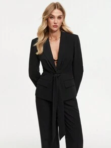 BizChic 女士尖領長袖西裝外套和長褲套裝 - 黑色 - 查看 5