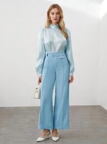 BizChic 女款純色斜口袋西裝褲 - 藍色 - 查看 9