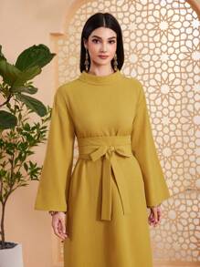 Al Najma Damen Kleid Mit Stehkragen, Langen Ärmeln Und Taillengürtel - Gelb - Übersicht 3