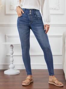 SHEIN LUNE Thon gọn Denim Quần jean Đối với phụ nữ Với nút Khép kín - Rửa nhẹ - Xem 3