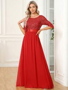 Contrast Color Sequin Corset Chiffon Formal Gown - Red - View 3