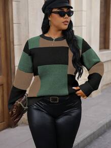 Calvaya 女士加大號彩色拼接圓領毛衣