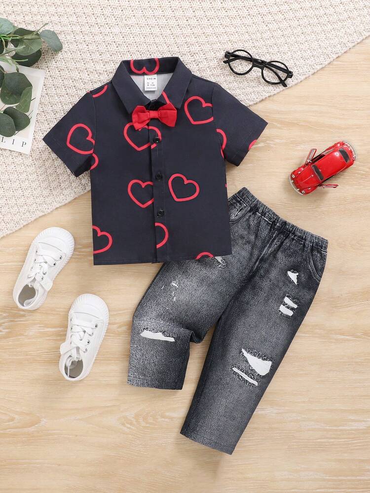 Baby Boy Decorative Bow Heart Pattern Casual Shirt And Denim Effect Pants Two-Piece Set