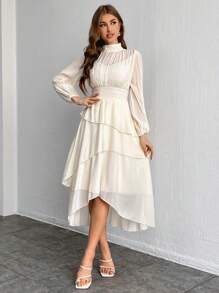 SHEIN Privé Women's Stand Collar Lantern Sleeve Cinching Waist Ruffle Hem Dress