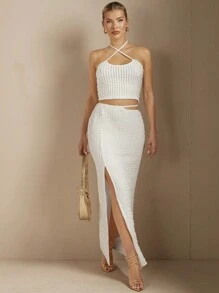 SHEIN BAE White Textured Material Asymmetrical Hollow Out High Slit Skirt - White - View 1