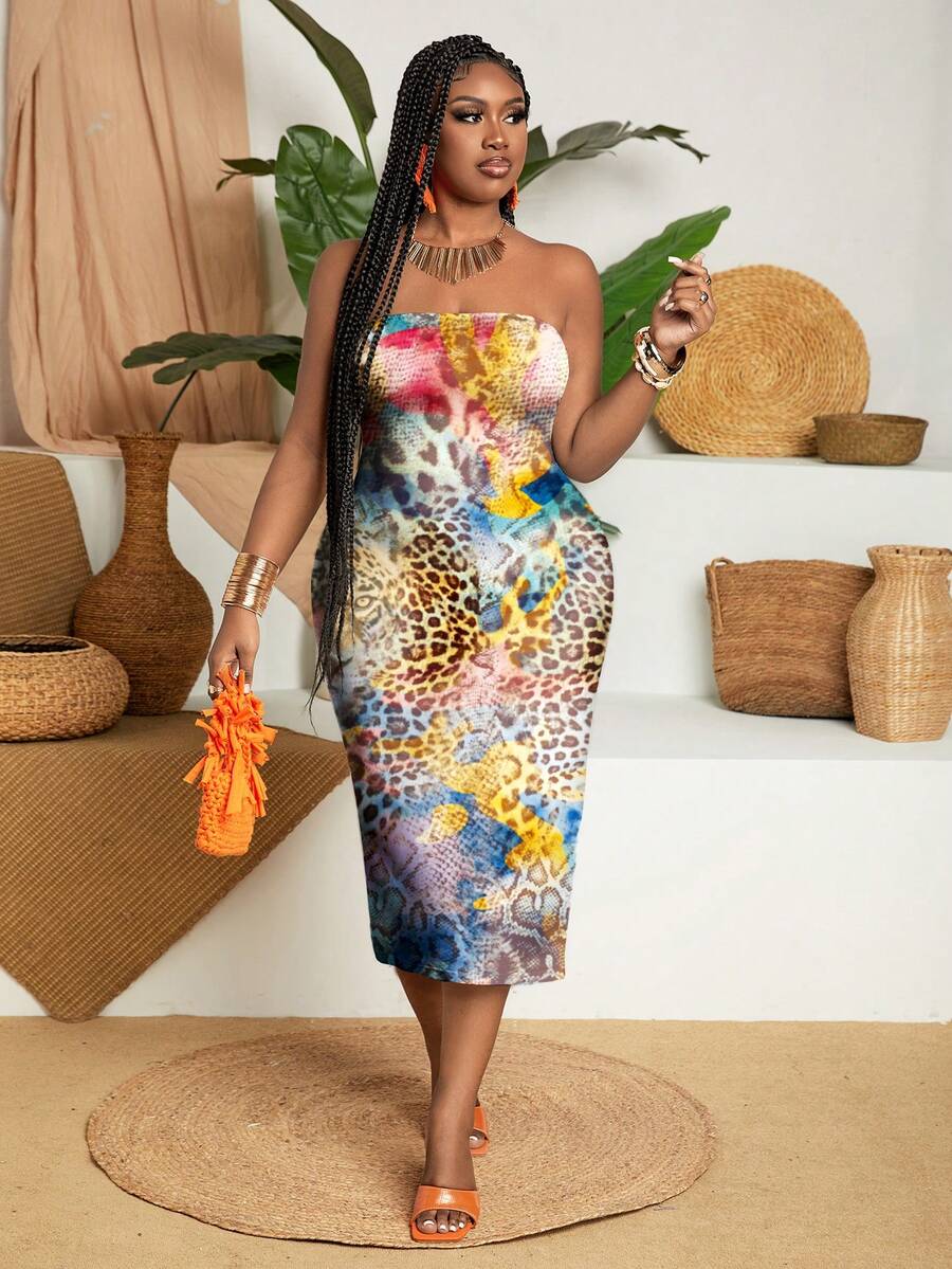 Slaydiva 女士加大碼豹紋露肩修身夏日度假連衣裙 - 白色 - 查看 1