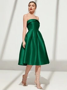 SHEIN Belle Váy dự tiệc cocktail hở vai chi tiết gấp, váy dự tiệc cưới bán trang trọng thanh lịch, cho tiệc sinh nhật, tốt nghiệp, dạ hội - màu xanh lá - Xem 4