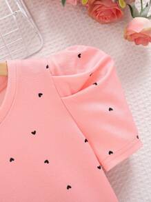 SHEIN 預青少女圓領優雅泡泡短袖t恤,心形印花設計 - 藕粉色 - 查看 5