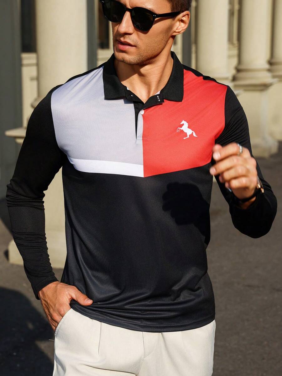Manfinity Homme 男士彩色拼接長袖polo衫 - 黑色 - 查看 1