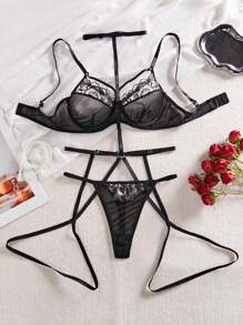 SHEIN Ladies' Lace Contrast Mesh Sexy Lingerie Set - Black - View 1