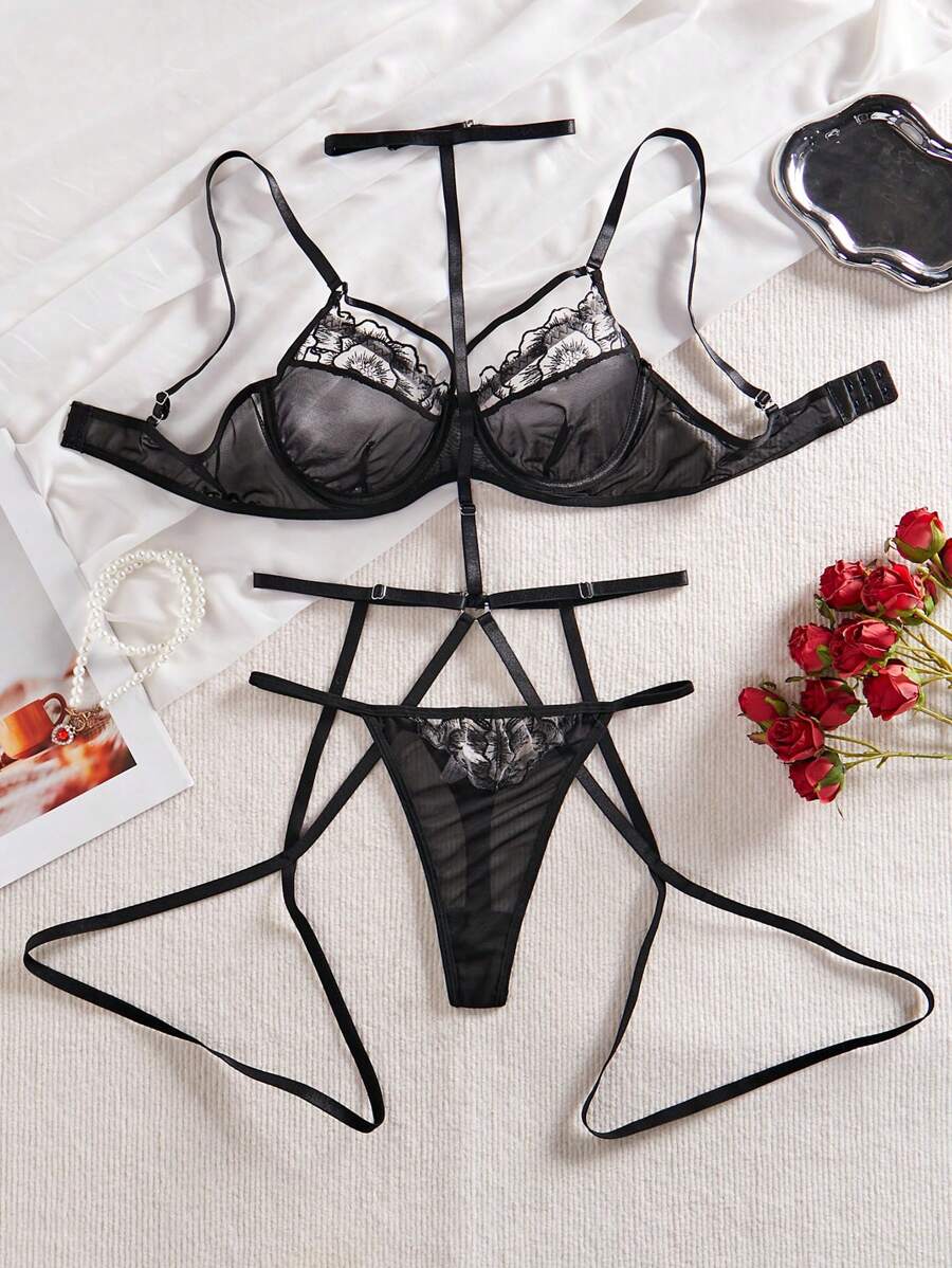 SHEIN Ladies' Lace Contrast Mesh Sexy Lingerie Set - Black - View 1
