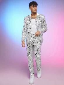 FeverCity Men's Glitter Long Sleeve Suit Jacket And Knitted Casual Pants Set - White - View 6