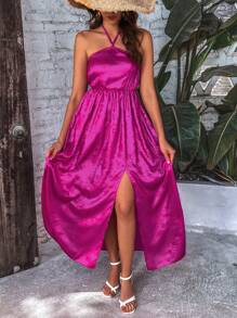 SHEIN Clasi Vestido De Mujer Con Cuello Halter Y Aberturas Laterales - Negro - Ver 4