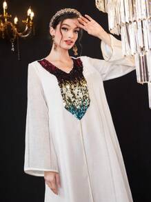 Al Najma Ladies' Sequined Patchwork A-Line Turkish Long Robe Eid Dress Kaftan Jalabiya Dress - White - View 8