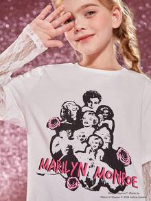 Marilyn Monroe X SHEIN Cô gái Tween Đồ họa Hình và Chữ Tay áo ren Tee 2 trong1 - trắng - Xem 5