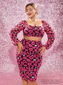 Marilyn Monroe X SHEIN 大尺碼全印花方領短上衣和裙子套裝，春夏風格 - 彩色 - 查看 1