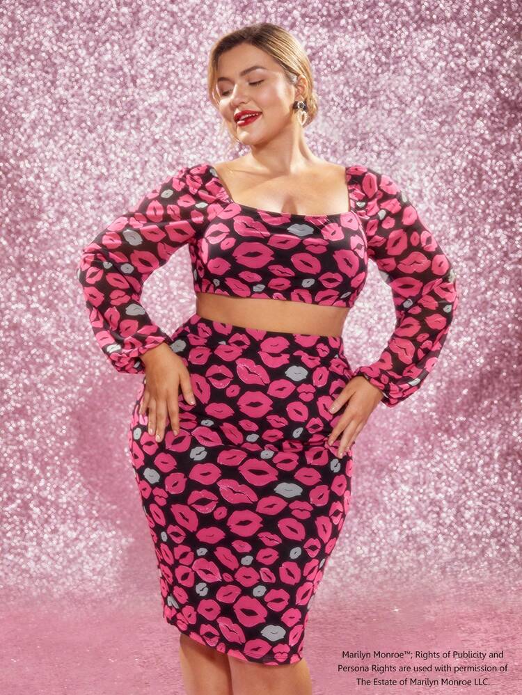 Plus Allover Print Square Neck Crop Top & Skirt Set Spring And Summer Style