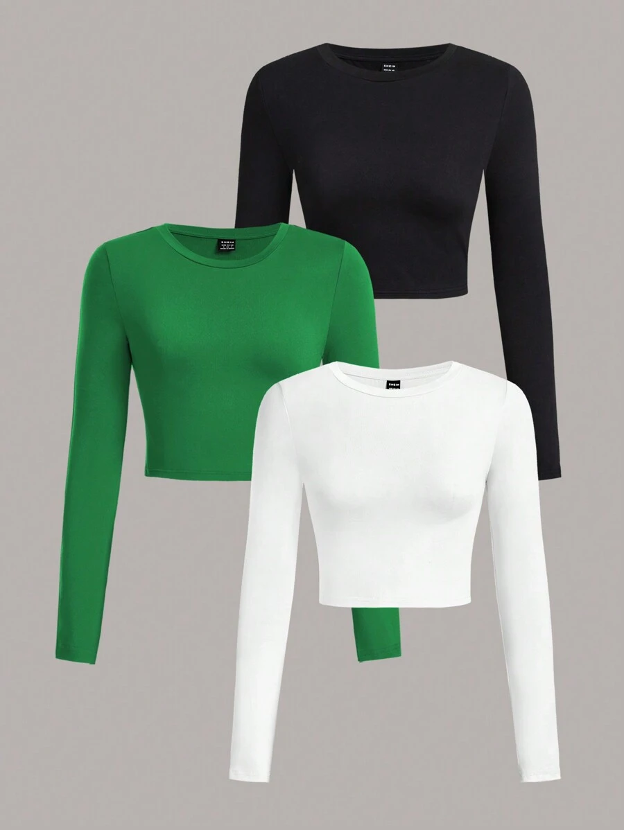 SHEIN EZwear 3 Set Multi-Pack Women Versatile Casual Simple Long Sleeve T-Shirt Valentine Day - Multicolor - View 1