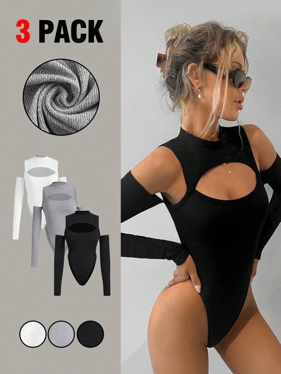 SHEIN ICON Bộ 3 áo liền thân dáng ôm mùa xuân, cổ khoét rỗng và tay áo ghép mảnh dành cho nữ - Nhiều màu - Xem 1