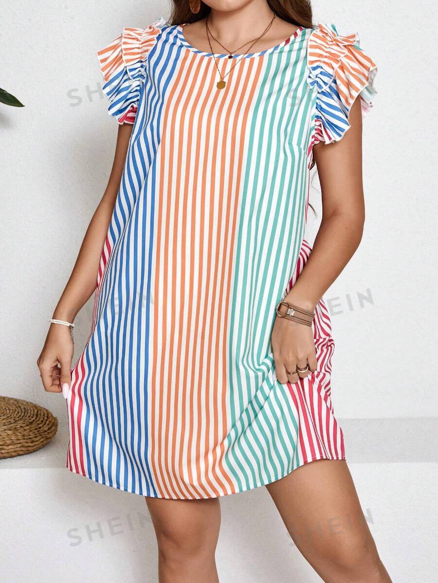 SHEIN LUNE Plus Size Colorful Striped Short Sleeve Swing Easter Party