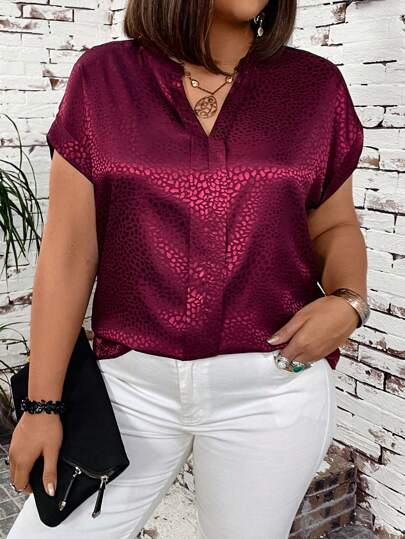 EMERY ROSE Plus Size V-Neck Jacquard Satin Blouse