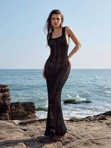 SHEIN Swim 镂空长滩罩衫连衣裙（夏季） - 黑色 - 查看 5