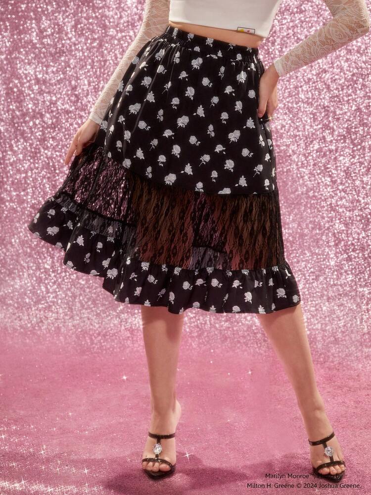 Floral Printed Contrast Lace Skirt