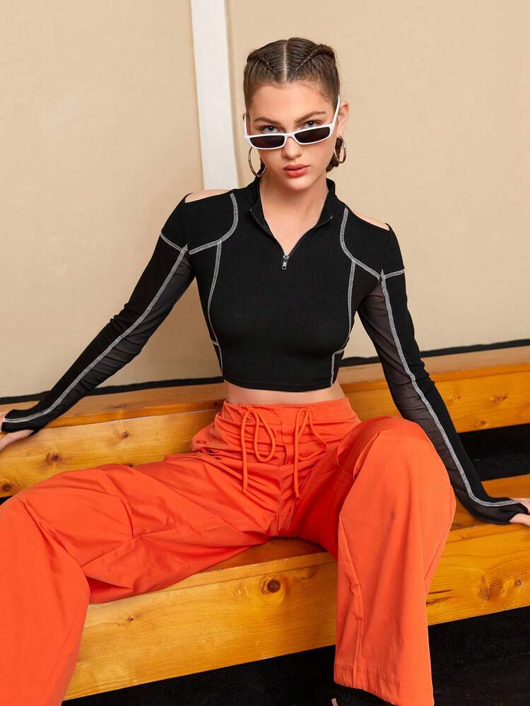 Colorblock Mesh Splice Open Shoulder Slim Cropped Athletic T-Shirt Gym Top