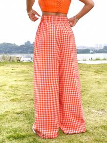 Soleia Women's Casual Vacation Style Plaid High Waist Wide Leg Pants - Multicolor - View 4