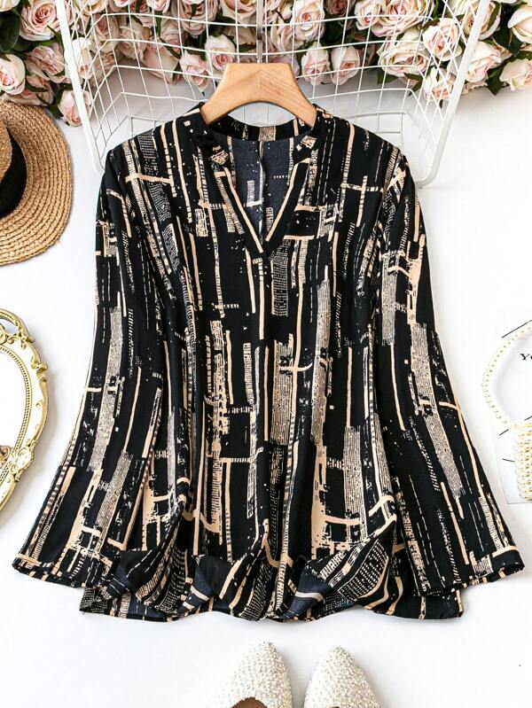 EMERY ROSE Plus Size Women's Geometric Printed Long Sleeve Shirt