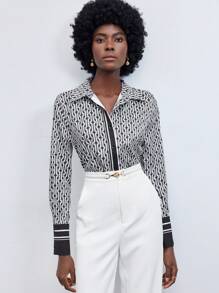 Maija 2026 Spring & Summer Women's Full Print Long Sleeve Shirt,Autumn Outfits For Women, - Black and White - View 6