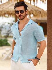 Manfinity RSRT Men's Solid Color Short Sleeve Knitted Crochet Top - Blue - View 3