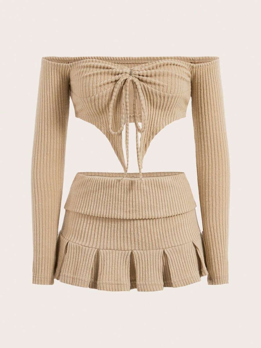 SHEIN ICON Màu thuần Đồ đan Ribbed Bộ - Màu be - Xem 1