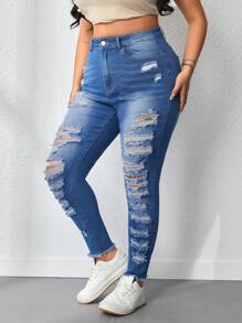 SHEIN EZwear 有磨損細節的加大碼貼身牛仔褲 - 藍色 - 查看 6