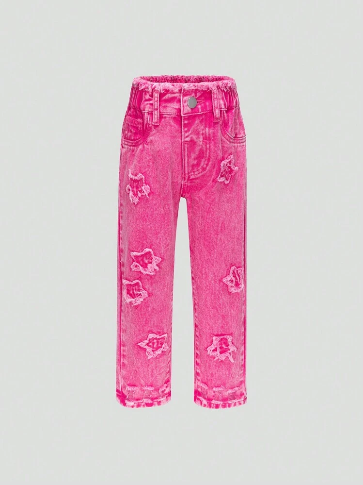 Young Girl Pink Star Embroidery Denim Pants | SHEIN USA