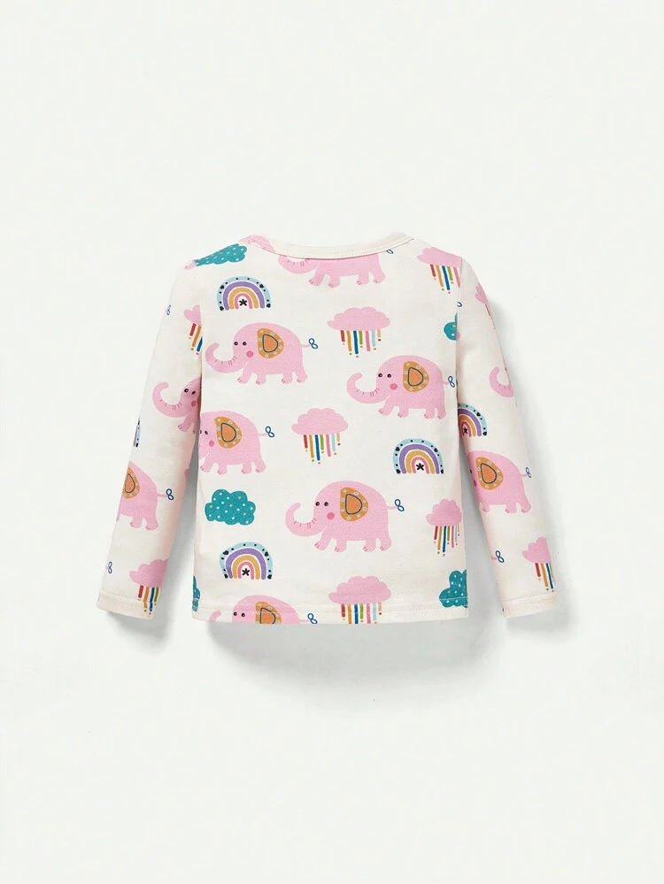 4pcs/Set Baby Girl Snug Fit Cartoon Elephant Pattern Round Neck Long Sleeve Top And Pants + Solid Color Long Sleeve Top And Pants Pajamas Set Matching Set