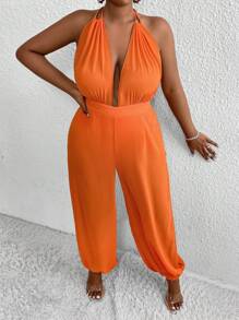 Flirla Plus Size Women's Pleated Halter Neck Jumpsuit - Burnt Orange - View 1