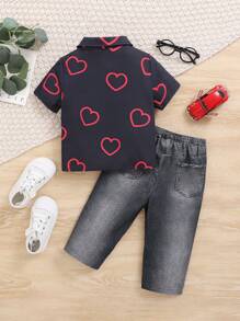 SHEIN Ensemble deux pièces pour bébé garçon composé d'une chemise décorative à motif de nœud et de cœur, et d'un pantalon effet jean