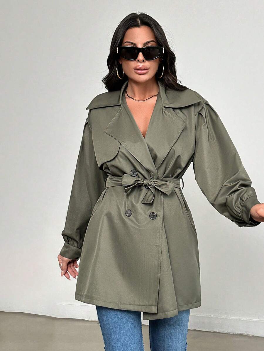 EURMUSE Drop Shoulder Double Breasted Belted Trench Coat - Army Green - View 1