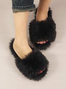Fluffy Slippers For Women, Open Toe Indoor House Slippers, Soft And Warm For Autumn And Winter,Halloween - Black - View 4