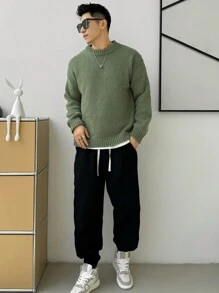 DAZY Men's Drop Shoulder Solid Color Sweater Fall,Winter - Olive Green - View 8