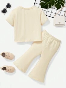 Conjunto de camiseta con mangas cortas y pantalones acampanados para niña bebé con patrón de conejo y flores, diseño casual y sencillo, adecuado para primavera y verano - Beis - Ver 2